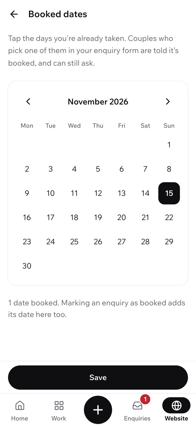 The Booked dates screen