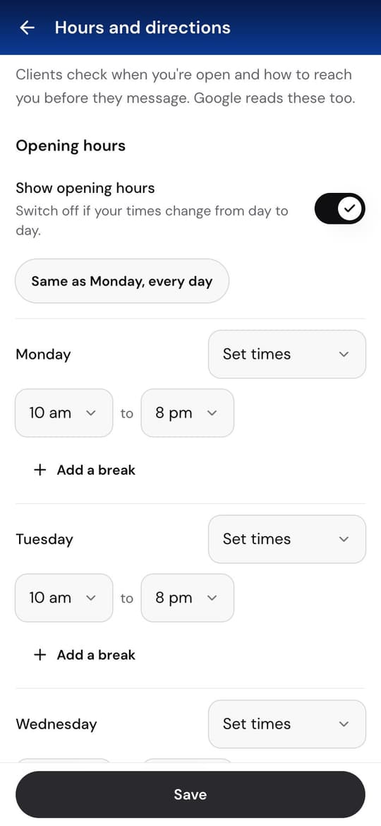 The Hours and directions screen