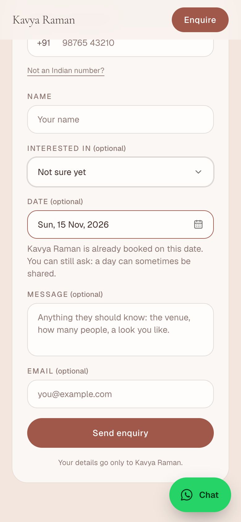 A booked date in the enquiry form