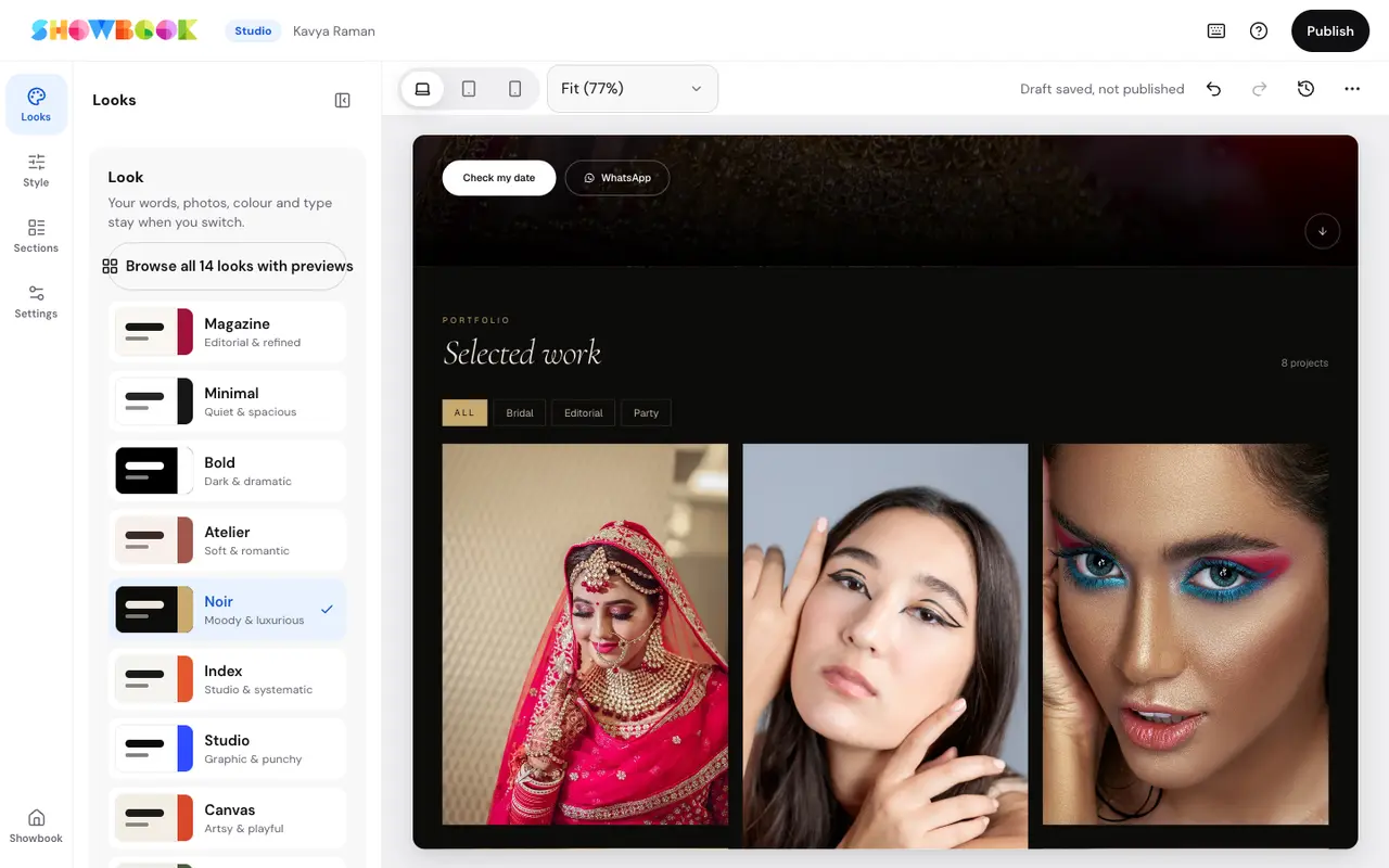 Studio's list of looks beside a creator's page in the Noir look