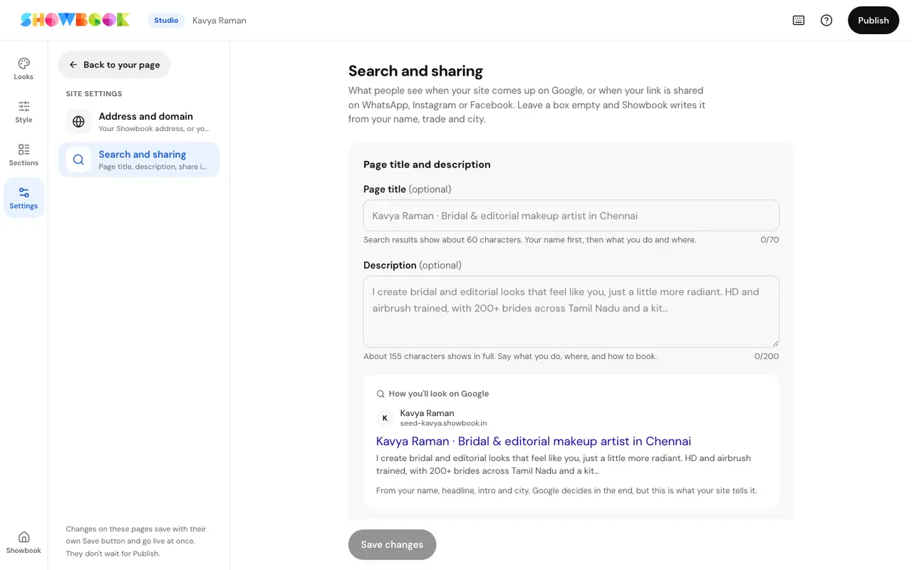 Studio's search and sharing settings with a preview of the Google result